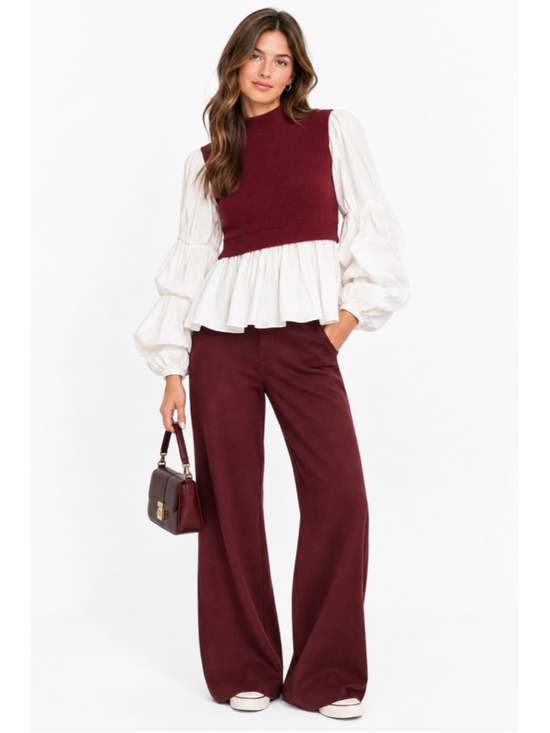Anthropologie Sweaters - Anthropologie Burgundy White Mock Neck Puff Sleeve Peplum Sweater Blouse M